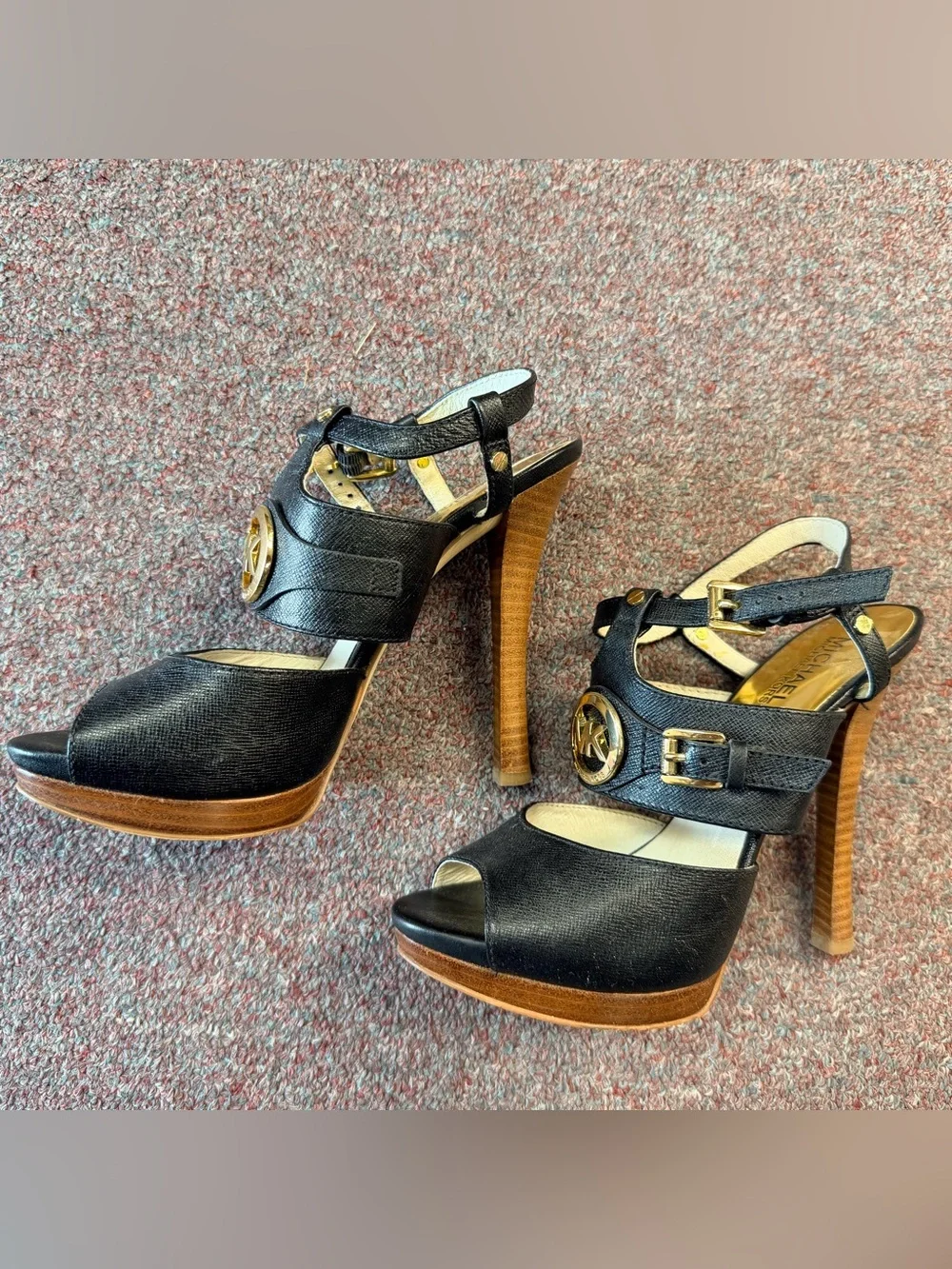 Michael Kors Black Open-Toe Slingback Heels with Gold Logo